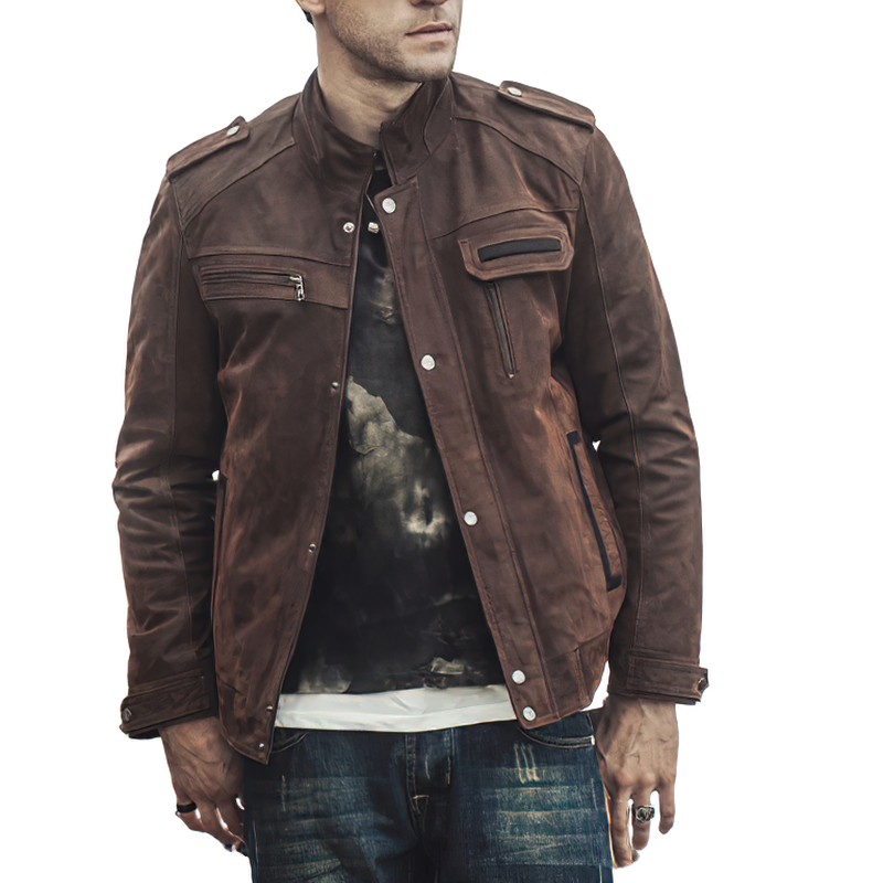 Stylish man wearing a brown retro leather jacket with pockets, perfect for winter motorcycle rides and alternative fashion.