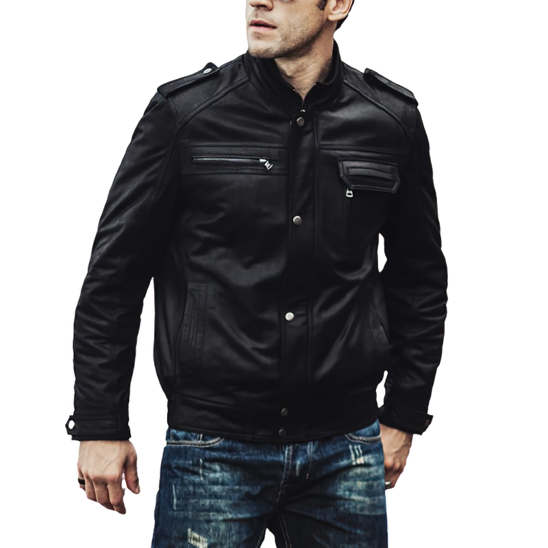 Stylish man wearing a black retro genuine leather motorcycle jacket with multiple pockets, perfect for winter fashion.