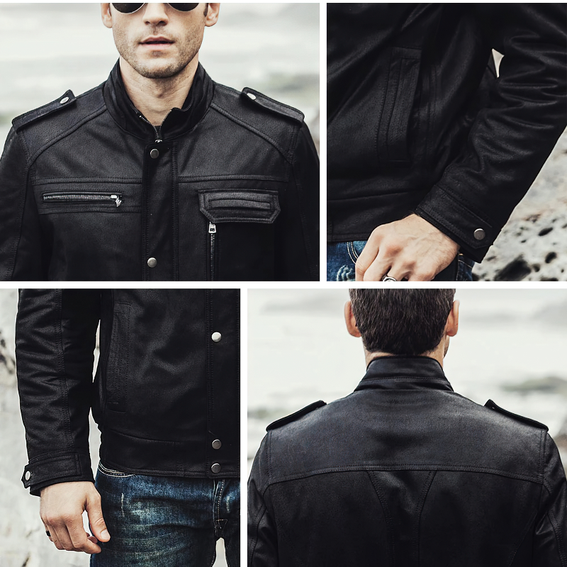 Stylish men's winter retro leather jacket in black, showcasing premium quality and multiple pockets.