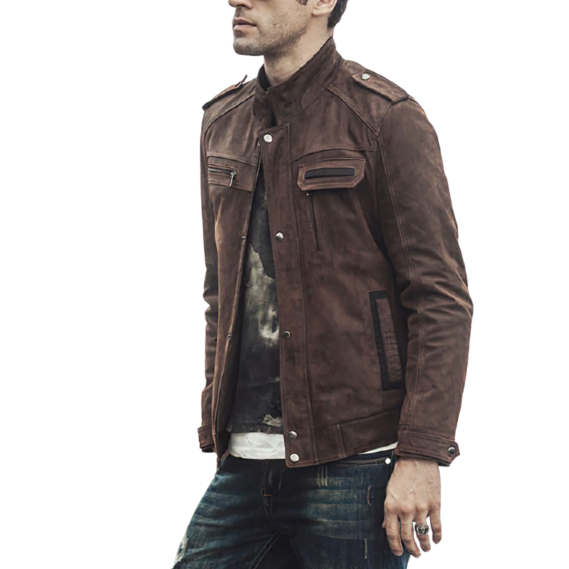 Stylish brown retro genuine leather jacket for men, perfect for winter and motorcycle rides.
