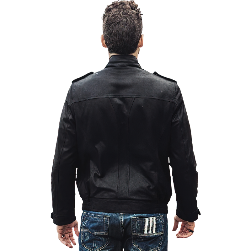 Man wearing a black retro genuine leather jacket, showcasing a stylish back view perfect for winter motorcycle rides.