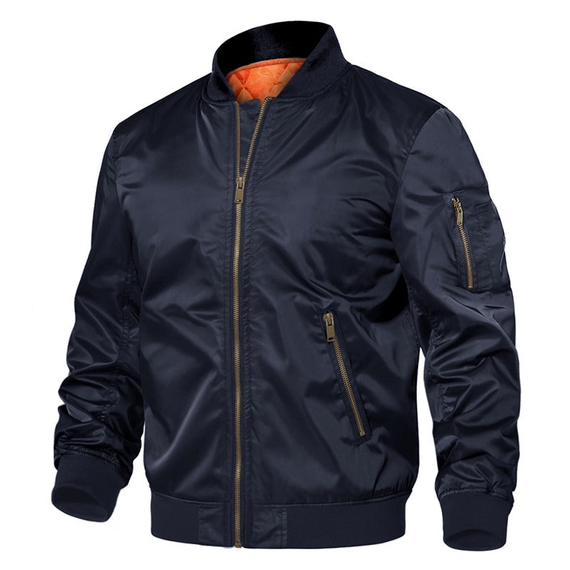 Men's Winter Military Bomber Jacket in navy, cotton padded with gold zippers, stylish and warm for colder weather.