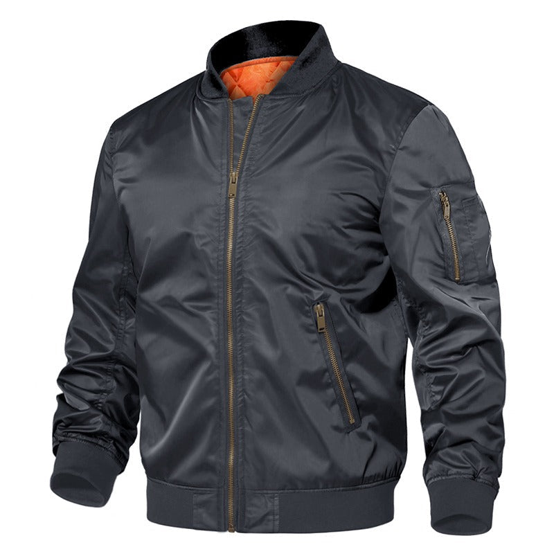 Men's winter military jacket in black, cotton padded MA-1 bomber style with orange lining and multiple pockets.