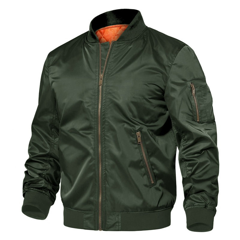 Men's winter military jacket in green, cotton padded bomber style with orange lining, perfect for casual and cool weather.