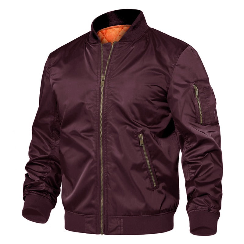 Men's winter military bomber jacket in burgundy color, perfect for cool weather style and comfort.