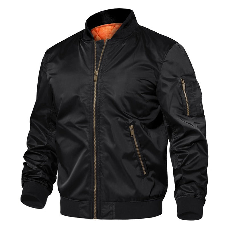 Men's black cotton padded Pilot MA-1 bomber jacket with orange lining and multiple pockets, perfect for winter style.