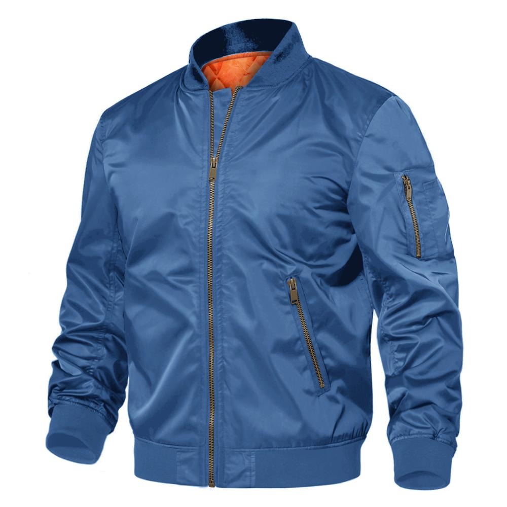 Men's blue cotton padded pilot bomber jacket with zippered pockets, perfect for winter style and warmth.