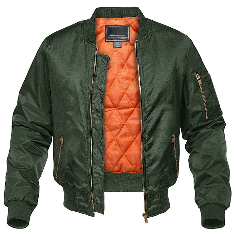 Men's green cotton padded pilot bomber jacket with orange lining, perfect for winter military style.