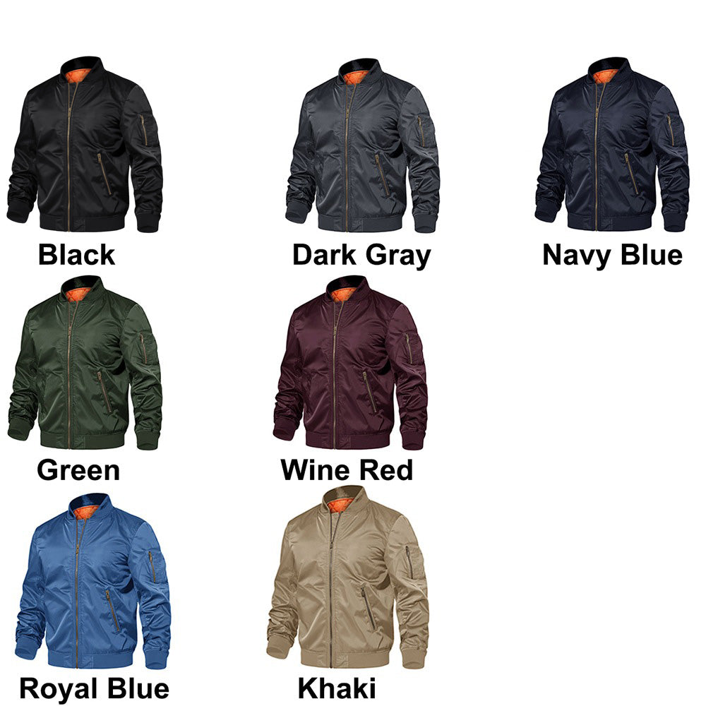 Various colors of men's winter military pilot bomber jackets: black, dark gray, navy blue, green, wine red, royal blue, khaki.