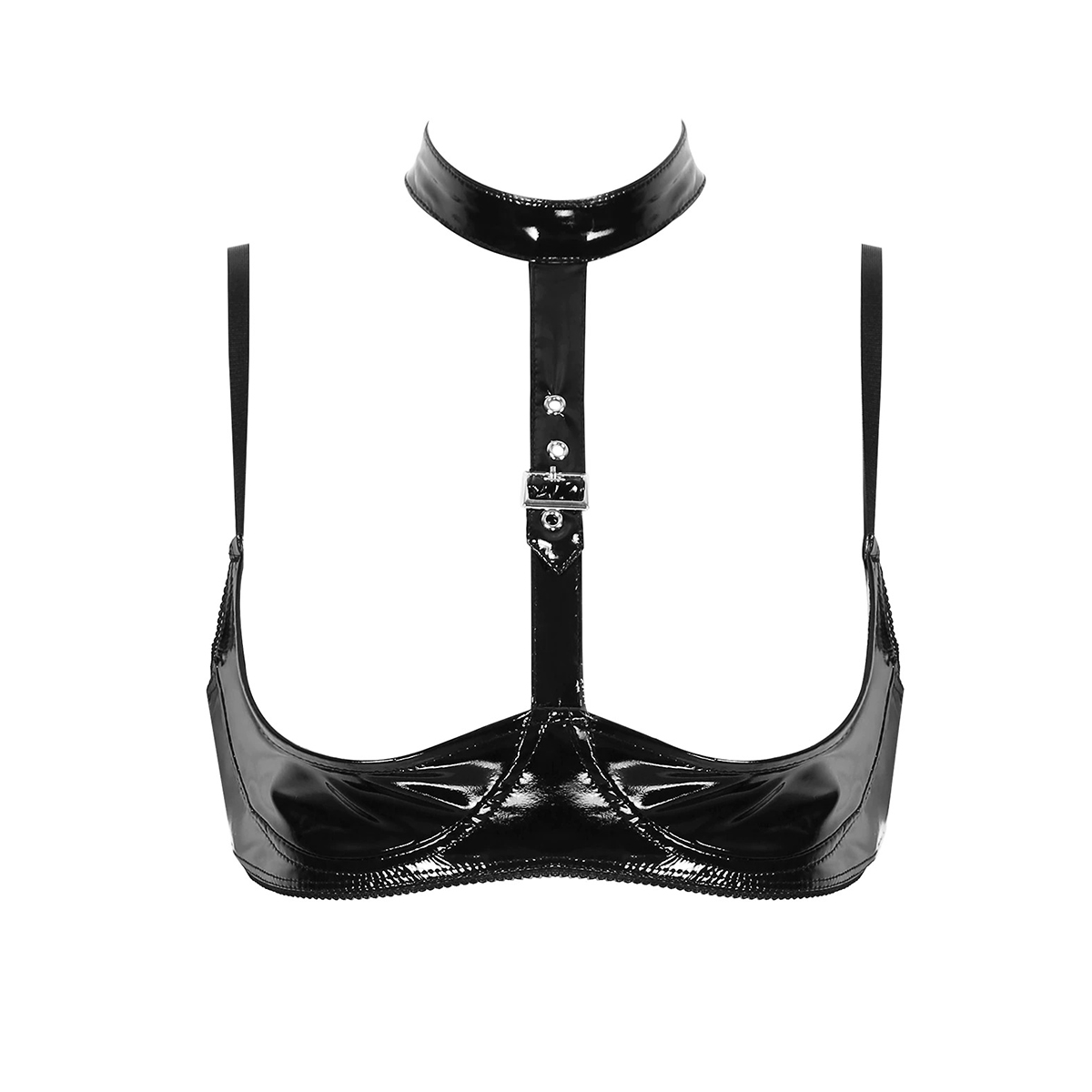 Wire-free patent leather open cup bra with halter neck and buckle, perfect for erotic style outfit accents.