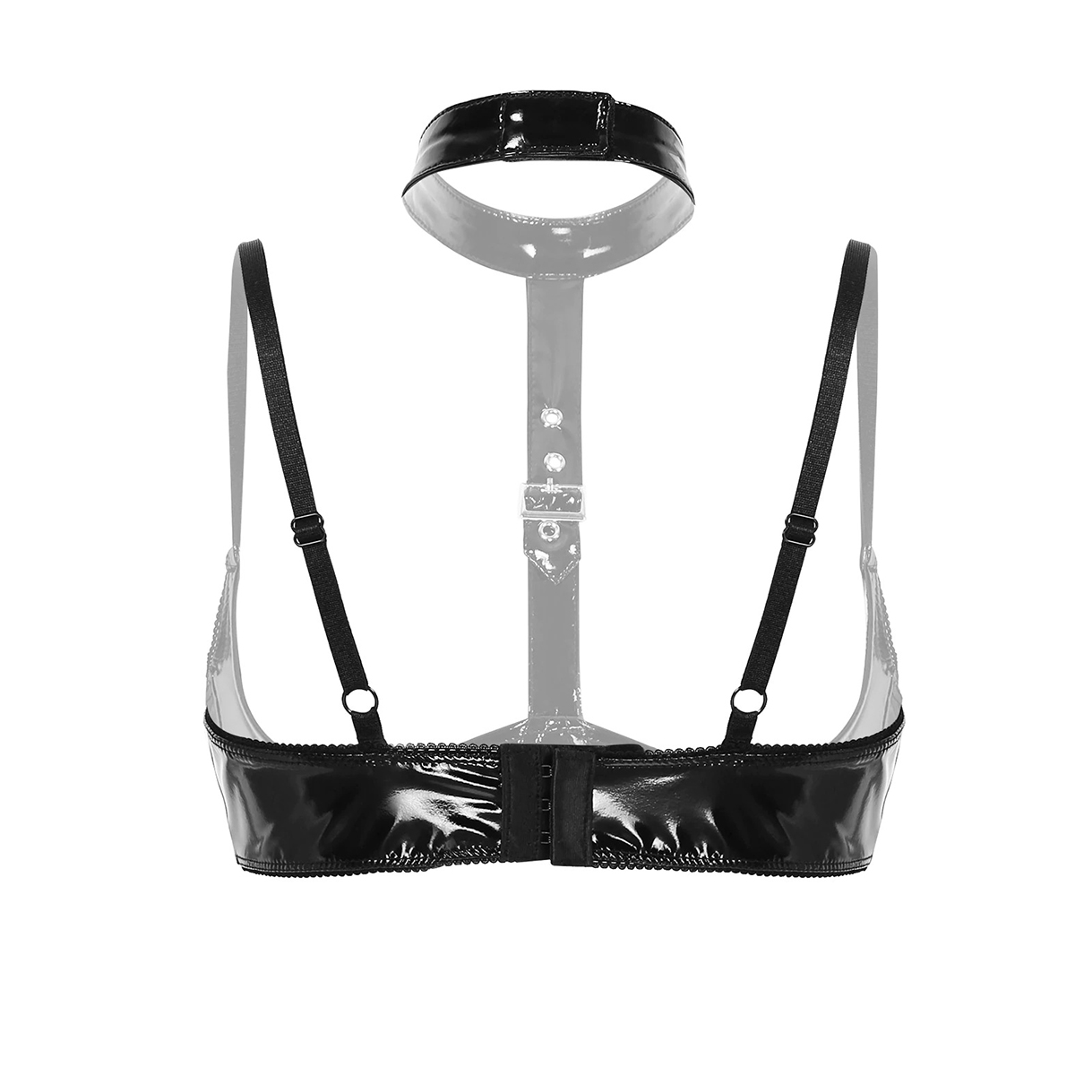 Wire-free patent leather open cup bra with halter neck, perfect for daring fashion statements.
