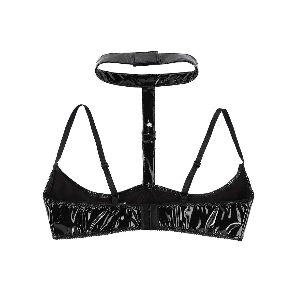 Wire-free patent leather open cup bra with halter neck and buckle, perfect for alluring lingerie outfits.