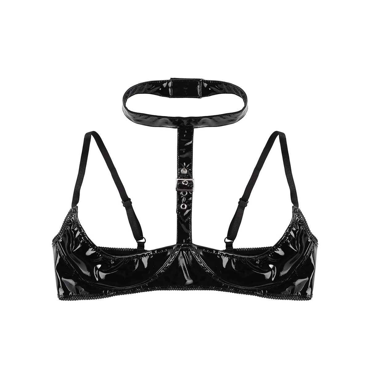 Wire-free patent leather women's open cup bra with halter neck and buckle detail, elegant lingerie for special occasions.