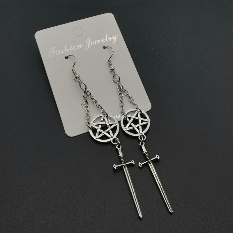 Gothic Witch's Rites Earrings featuring Pentagram pendant and Sacred Black Sword, perfect for alternative fashion.