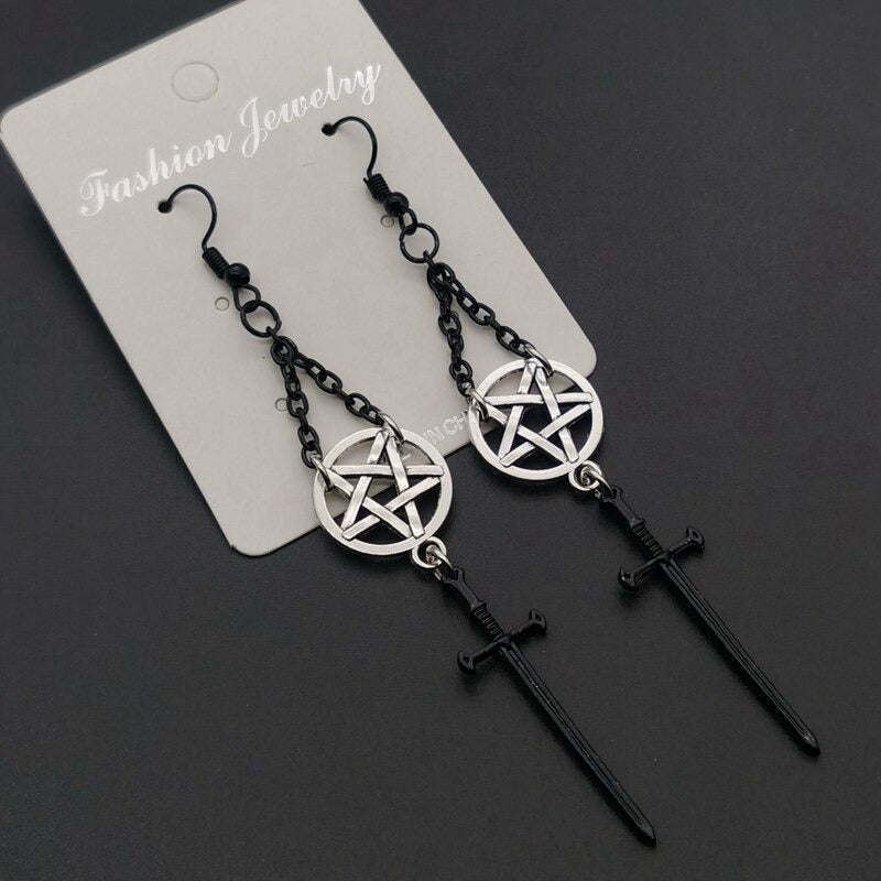 Gothic earrings featuring pentagram pendants and black sword, perfect for alternative rock style and lasting wear.
