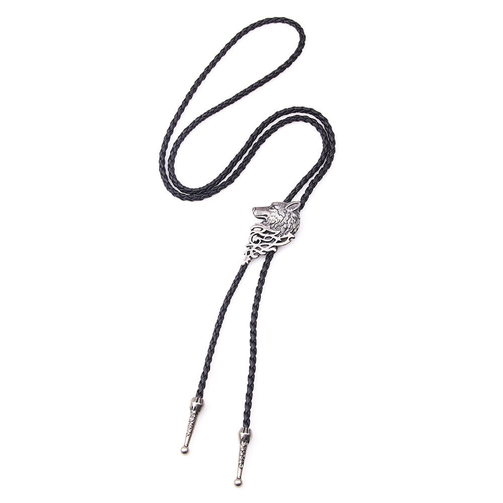 Wolf head choker necklace pendant on a woven rope chain, stylish unisex accessory for alternative fashion.