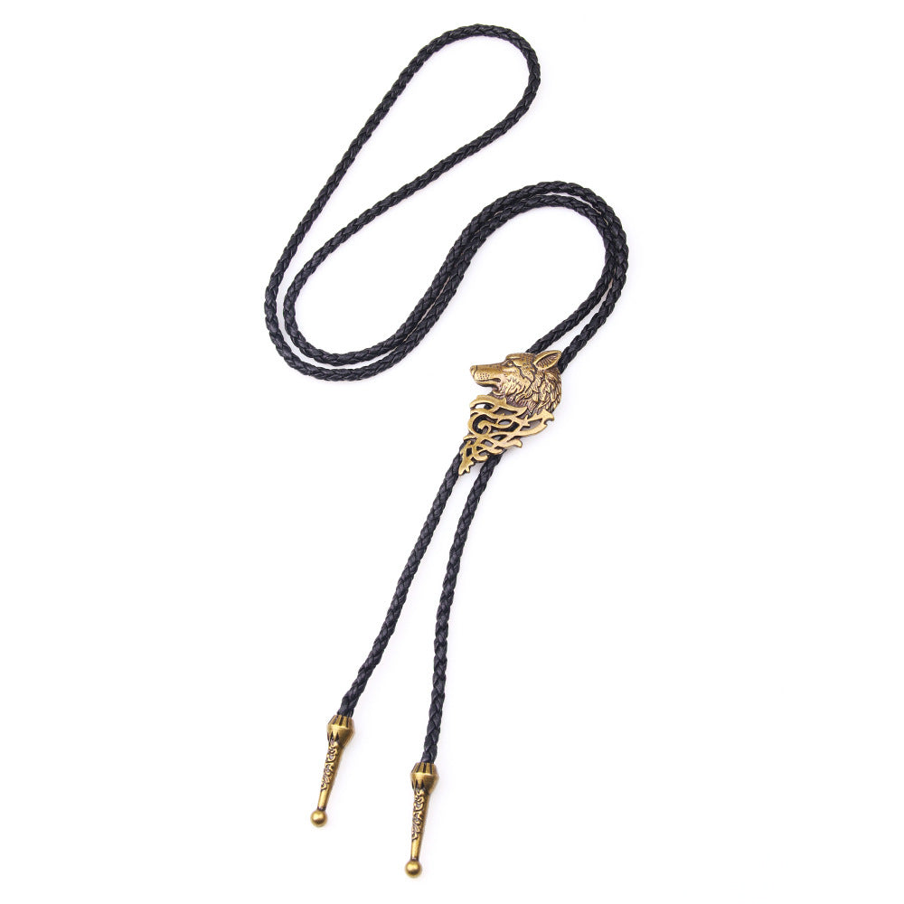 Wolf head choker necklace pendant with braided black rope and copper alloy, trendy unisex accessory.