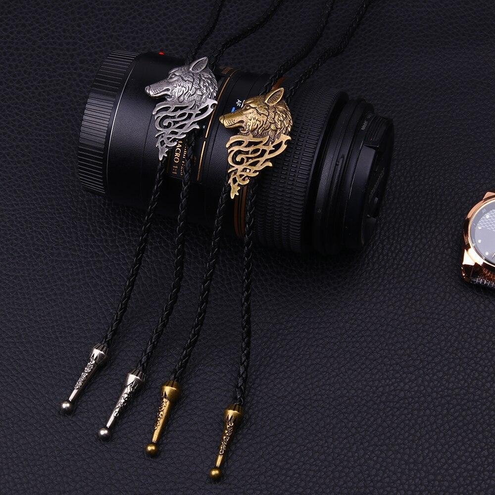 Unisex wolf head choker necklace with woven rope, stylish alternative fashion accessory in silver and gold colors.