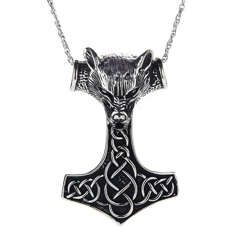 Wolf head pendant necklace in Viking style, resembles Thor's hammer, ideal for cosplay and unique outfits.