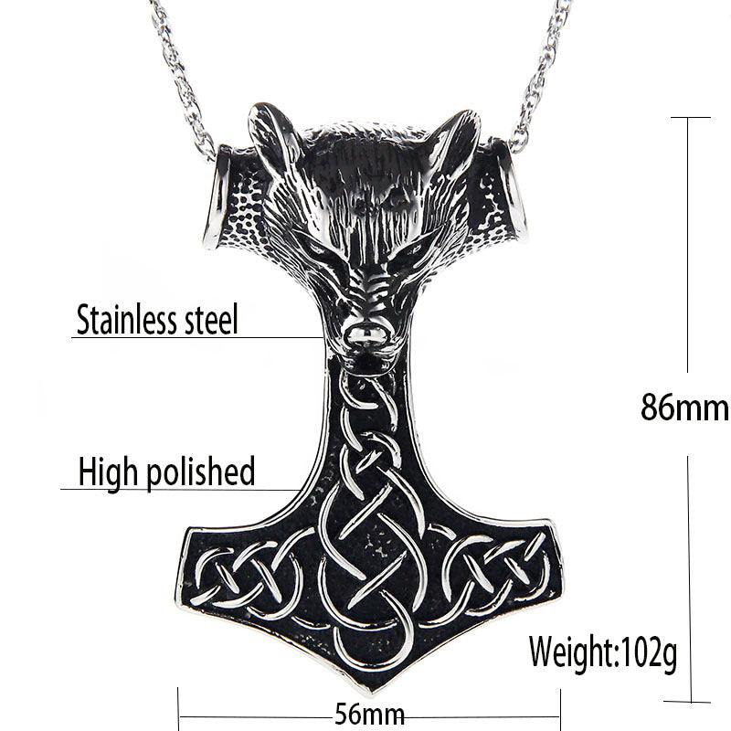Wolf head pendant necklace in stainless steel, featuring Viking style with Thor's hammer design, high polished finish.