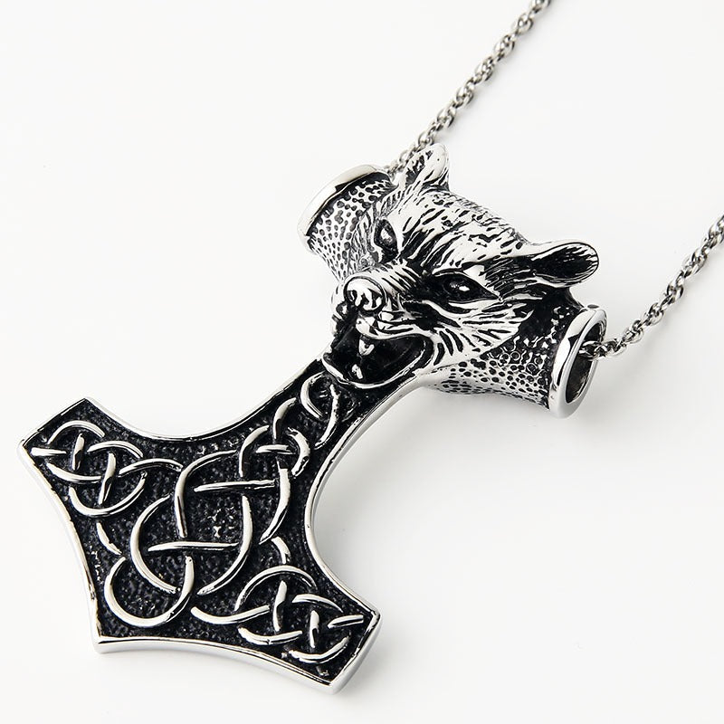 Viking style wolf head pendant necklace resembling Thor's hammer, crafted in stainless steel for a bold look.
