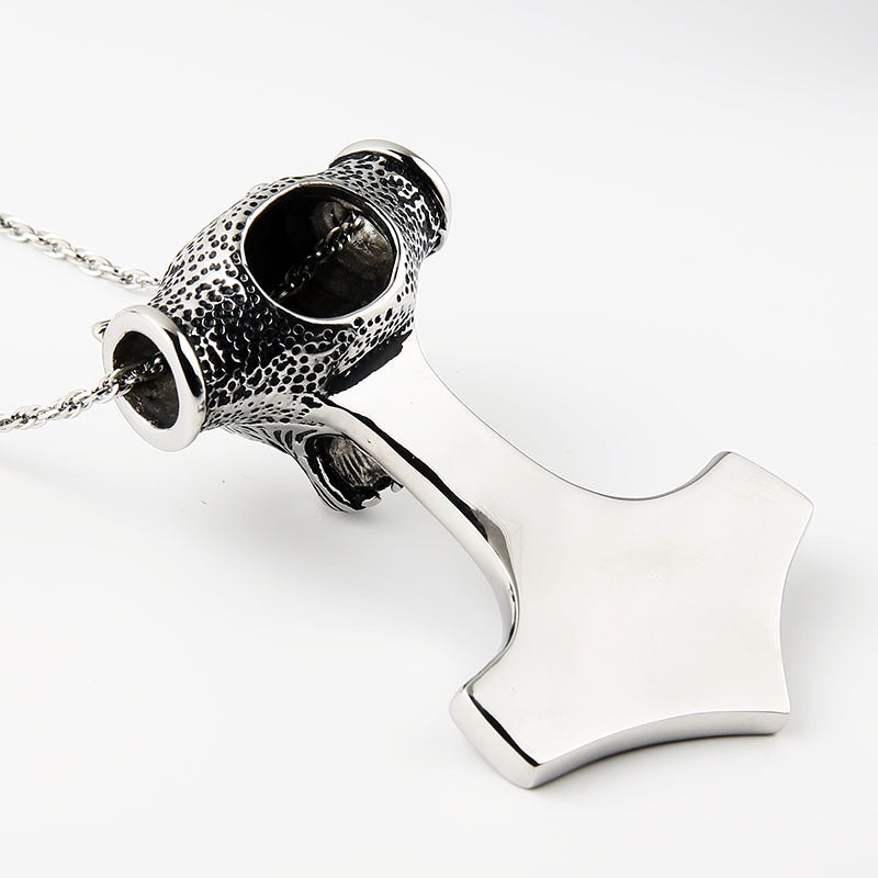 Stainless steel Thor hammer pendant with wolf head design, perfect for Viking style jewelry and cosplay outfits.