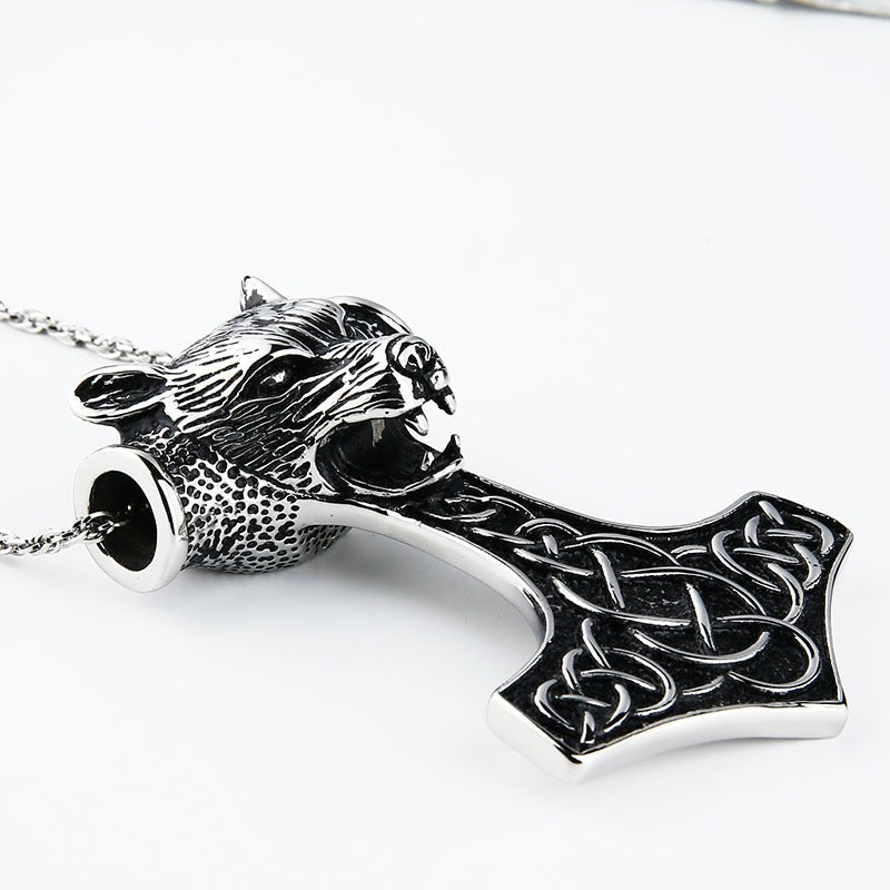 Wolf Head Pendant Necklace / Stainless Steel Thor Hammer Pendant in Viking Style Jewelry - HARD'N'HEAVY