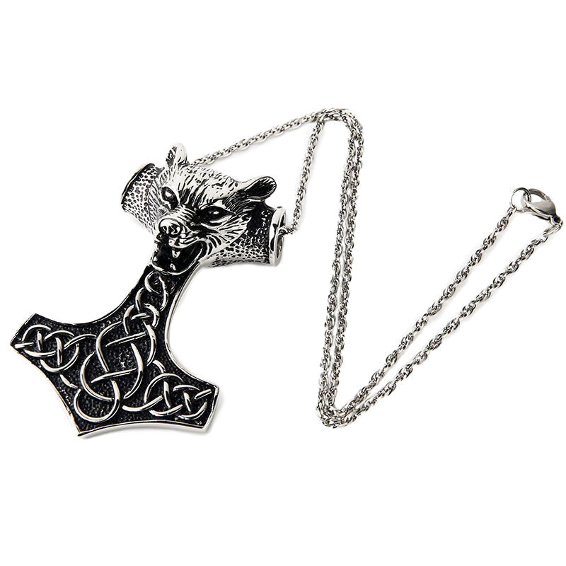 Stylish stainless steel wolf head pendant necklace in Viking Thor hammer design for unisex cosplay jewelry.