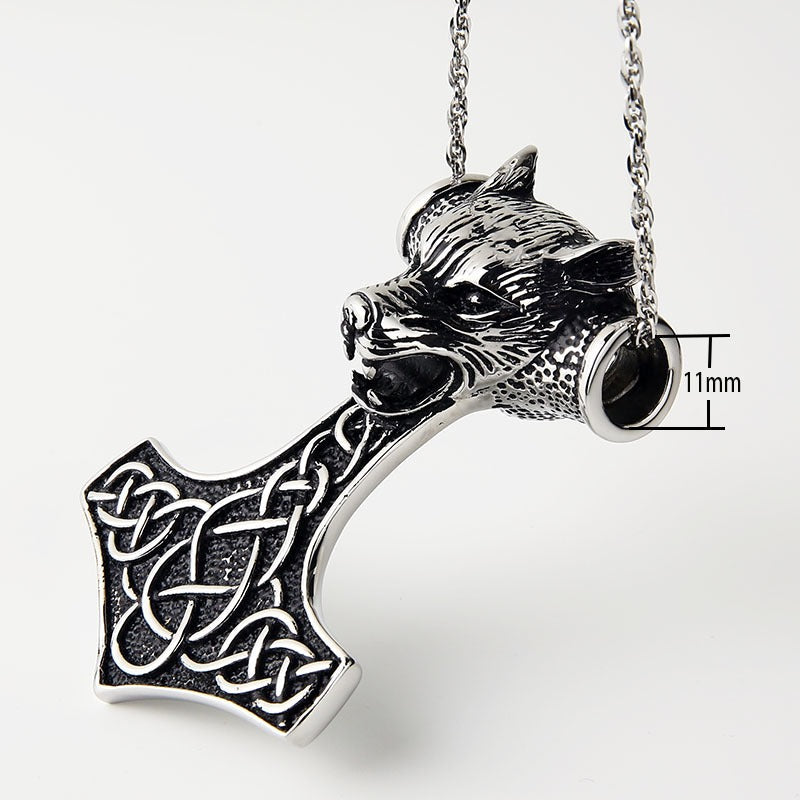 Wolf head and Thor's hammer pendant necklace in Viking style jewelry, perfect for cosplay outfits.