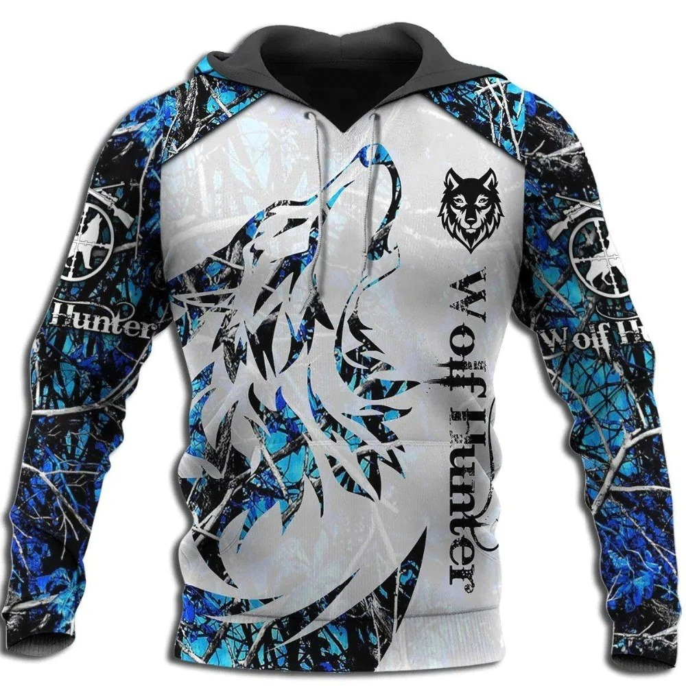 Stylish Wolf Hunter 3D printed hoodie featuring a wolf print and vibrant blue accents, perfect for casual unisex wear.