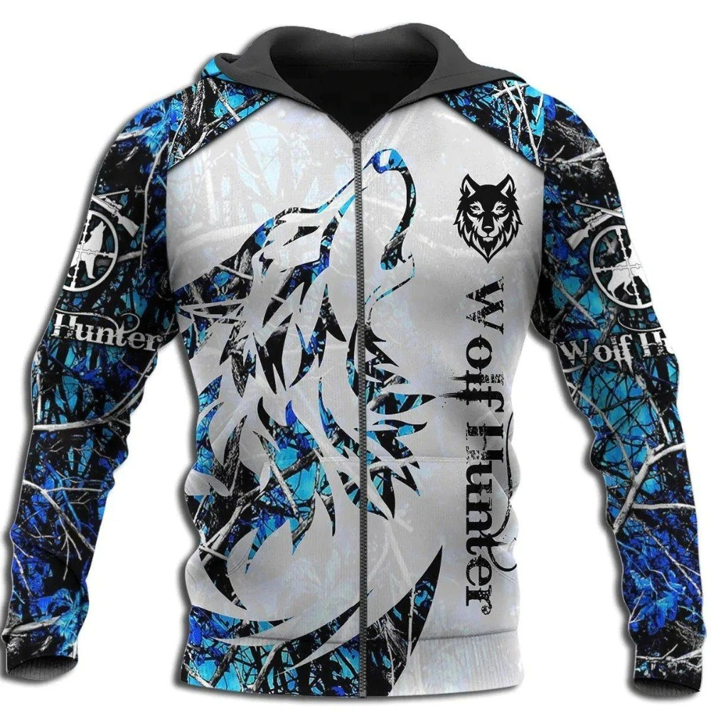 Wolf Hunter 3D printed hoodie with wolf design, blue and black colors, unisex casual full sleeve zip-up clothing.