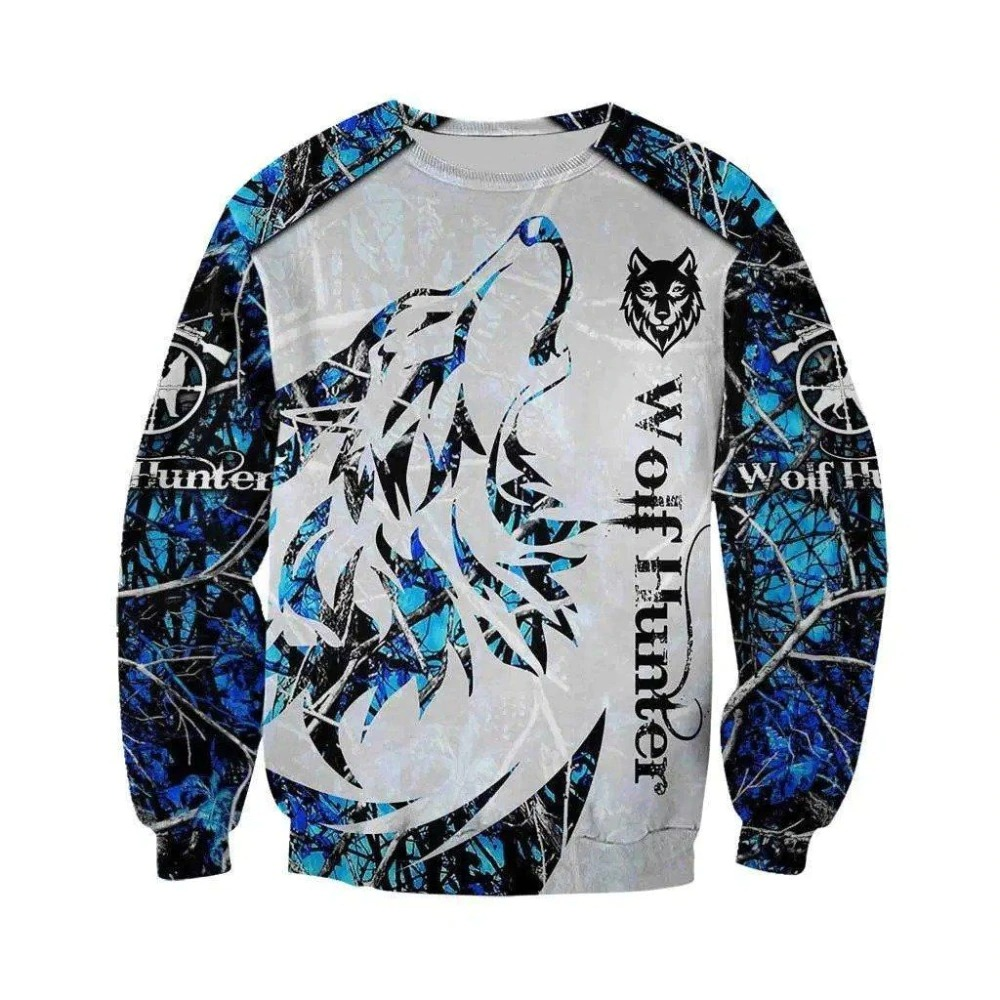Wolf Hunter 3D Printed Unisex Pullover featuring a striking blue wolf design on a casual sweatshirt.