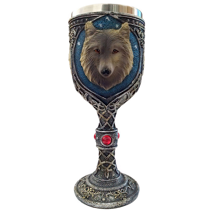 Wolf King vintage wine glass in stainless steel and resin with intricate wolf head design, perfect for cocktails or decor.