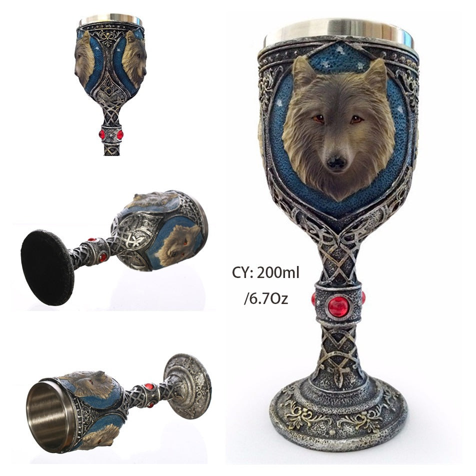 Wolf King stainless steel and resin 200ml retro wine glass with wolf head design, perfect for vintage drinkware enthusiasts.