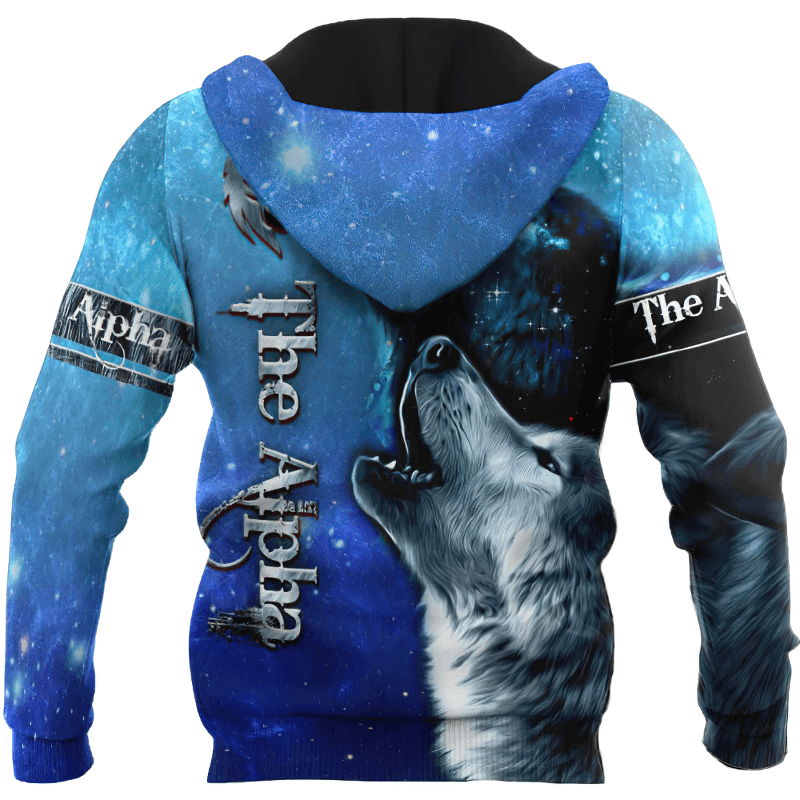 Wolf & Starry Sky 3D Printed Hoodie featuring a howling wolf design on a vibrant blue background.