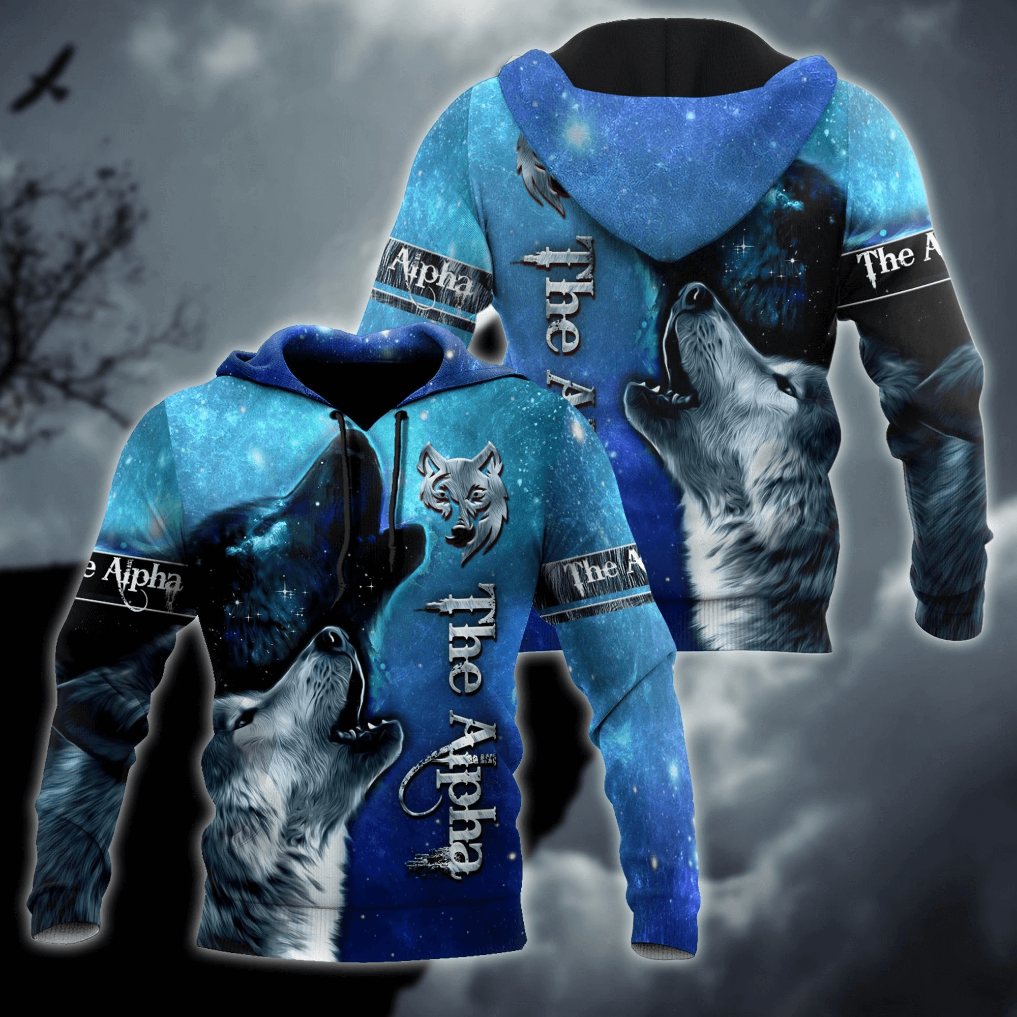 Wolf & Starry Sky 3D printed hoodie featuring wolf prints, colorful design, and stylish rocker vibe for unisex wear.