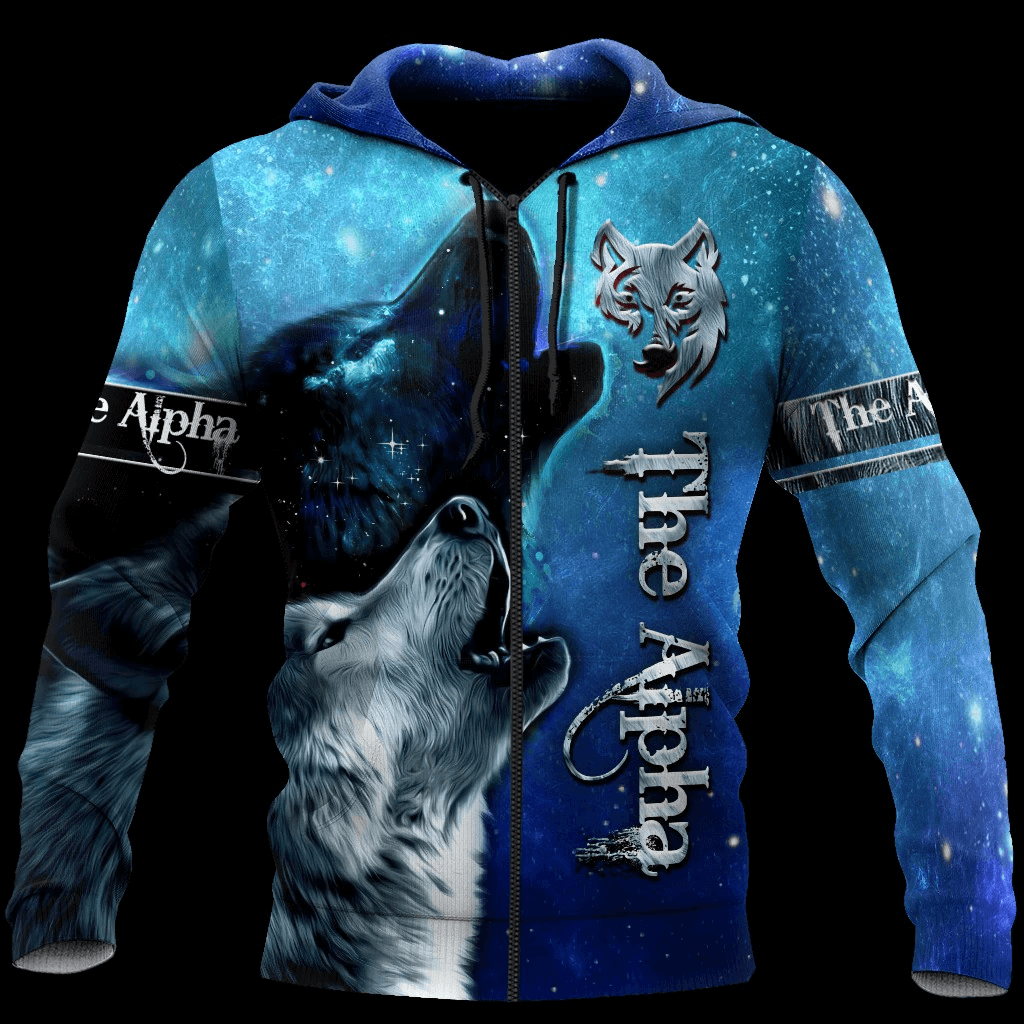 Wolf and starry sky 3D printed hoodie featuring cool wolf prints and vibrant blue design, perfect for rocker style lovers.
