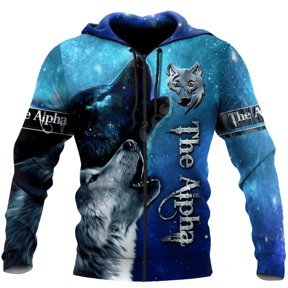 Wolf and starry sky hoodie, colorful 3D print, rocker style, unisex sweatshirt with front pockets.