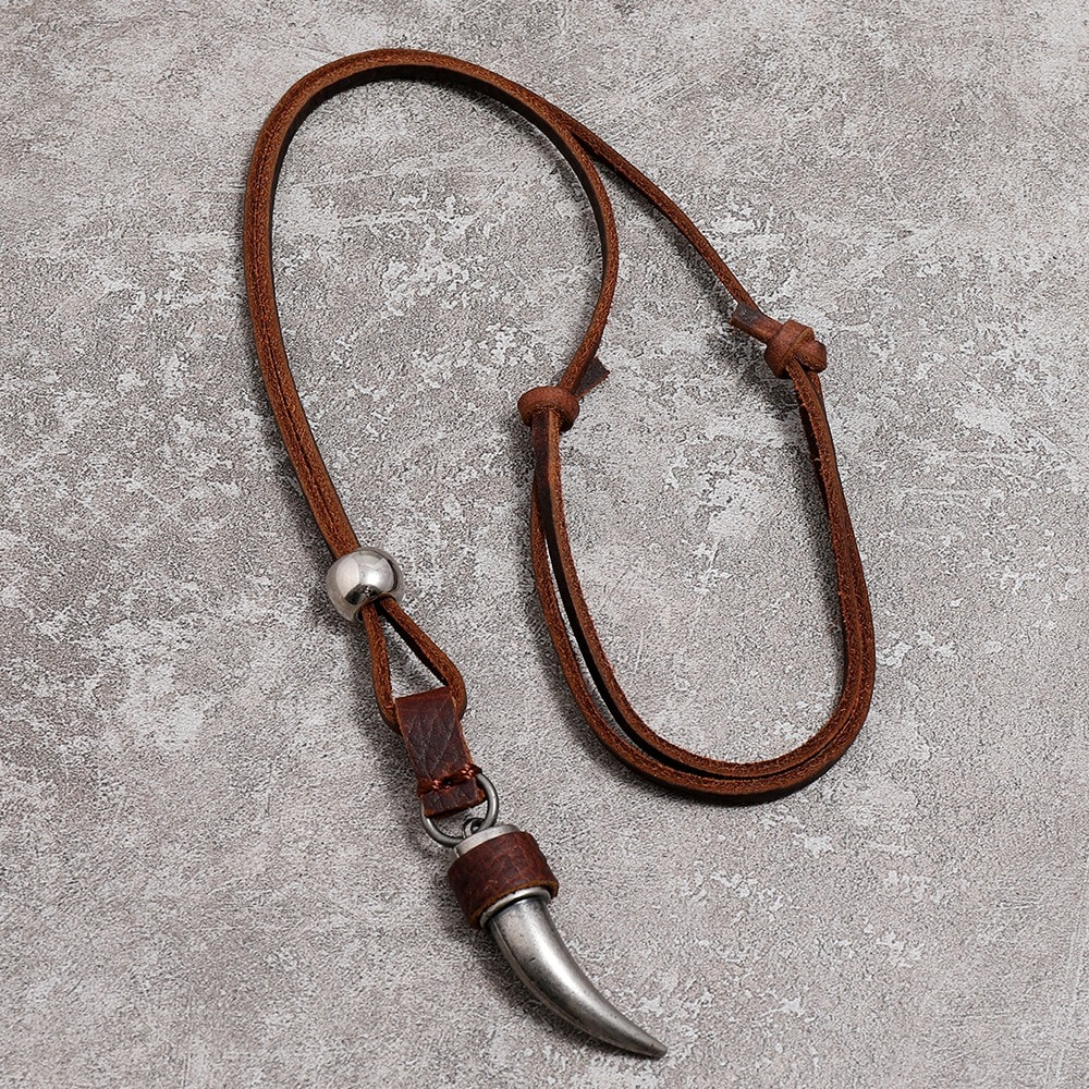 Wolf Tooth Pendant Leather Necklace Chain / Vintage Brown Jewelry for Women and Men - HARD'N'HEAVY