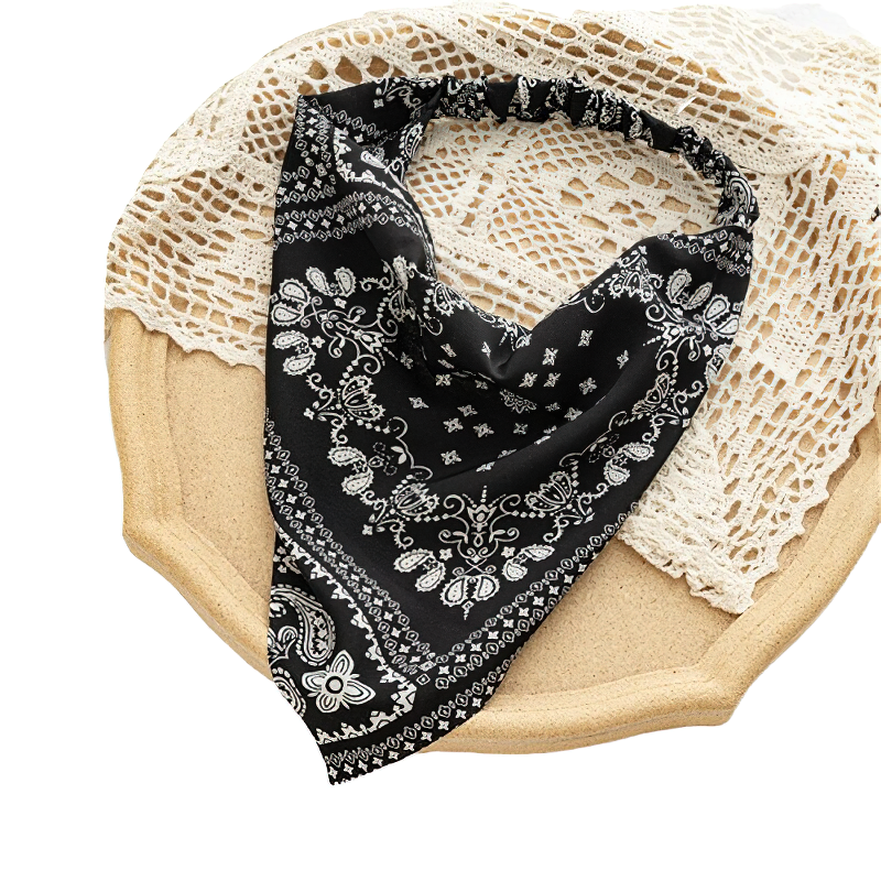 Stylish black bandana with elegant print, perfect casual accessory for women's fashion and hair styling.