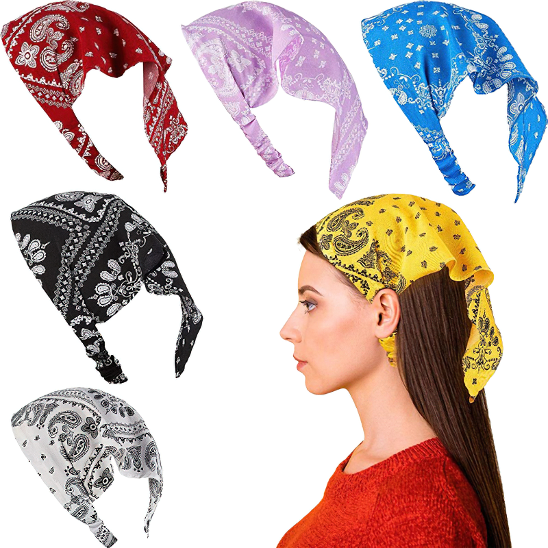 Colorful women's elastic bandanas in red, purple, blue, yellow, black, and white worn as stylish hair accessories.