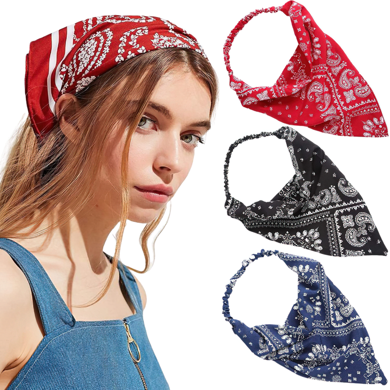 Stylish women's bandana set in red, black, and blue prints - perfect casual hair accessory for any outfit.