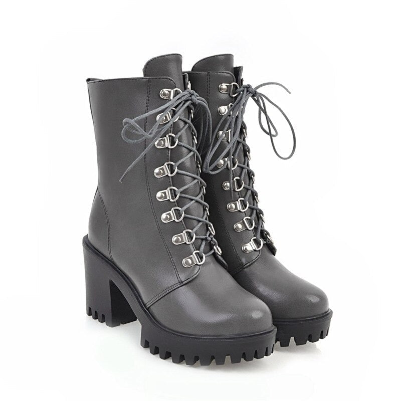 Stylish gray woman's fashion boots with square heel and quality lacing, perfect for gothic style outfits.
