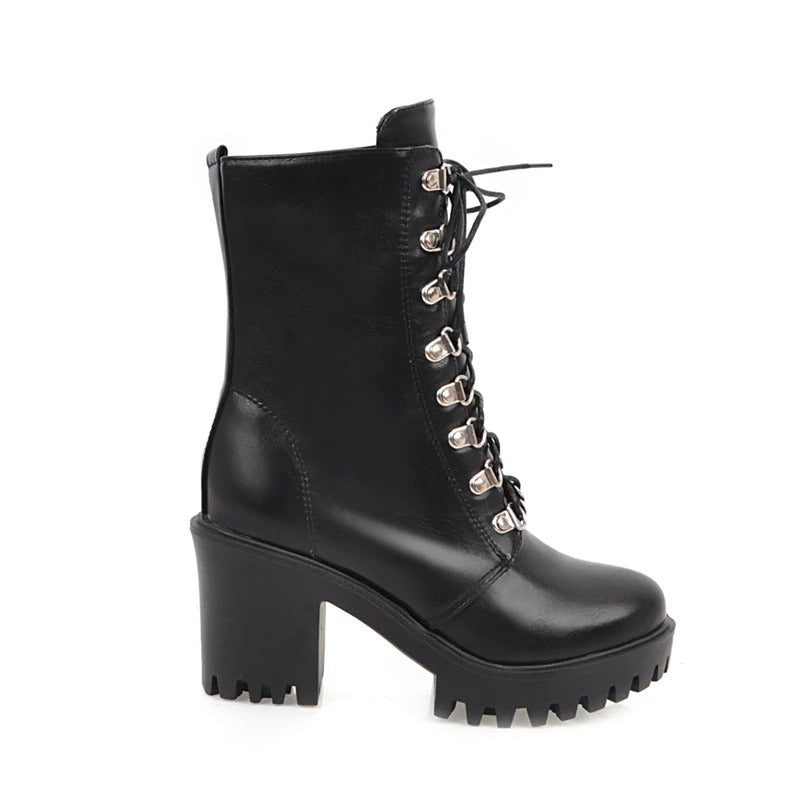Stylish black women's fashion boots with square heel and quality lacing in gothic style.