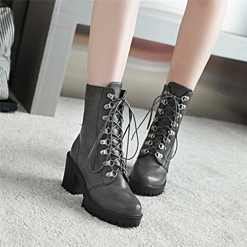 Stylish women's gothic fashion boots with square heel, quality lacing, and high platform in gray color.