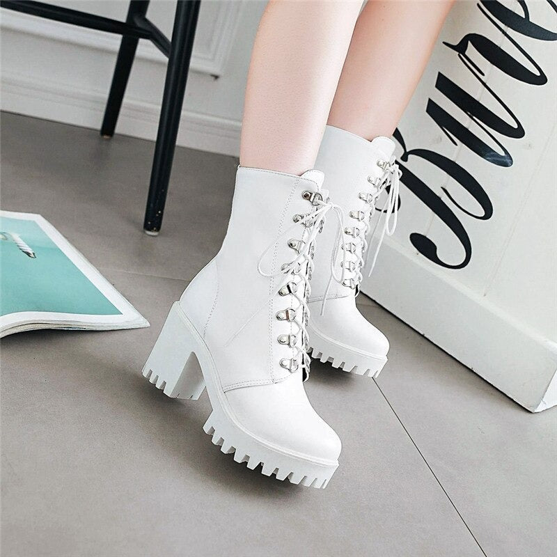 Stylish white women's gothic fashion boots with square heel and quality lacing perfect for chic looks.