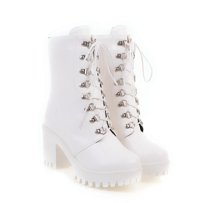 Stylish white gothic fashion boots with square heel and quality lacing, perfect for bold outfits.