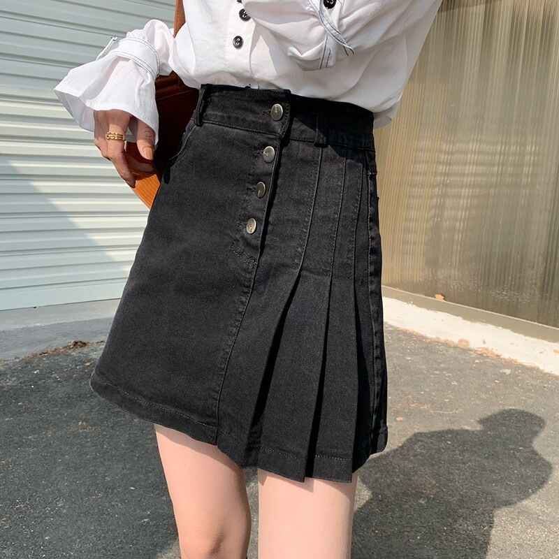 Womem's A-Line Black Denim Skirt with Cool Belt / Sexy Mini Pleated Jeans Skirt - HARD'N'HEAVY