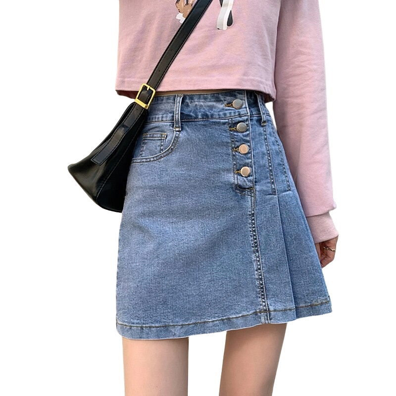 Womem's A-Line Black Denim Skirt with Cool Belt / Sexy Mini Pleated Jeans Skirt - HARD'N'HEAVY