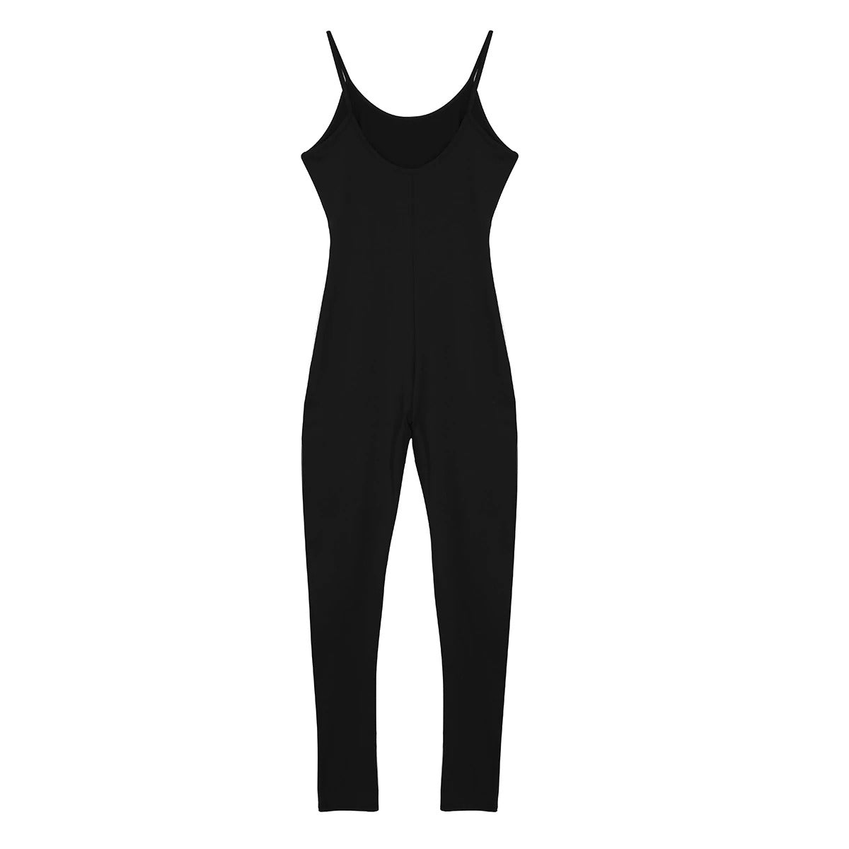 Women black spaghetti strapped footless jumpsuit, perfect for yoga, fitness, or layering in winter.